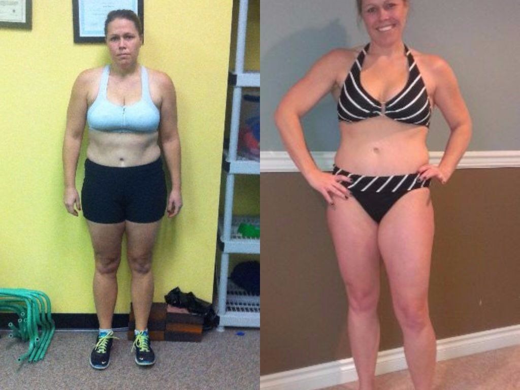 Woman before and after weight loss; left side, dull expression, right side, bikini, happy.