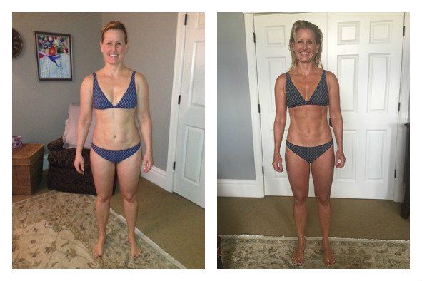 Woman in a bikini before and after a fitness transformation, showing toned body, smiling.