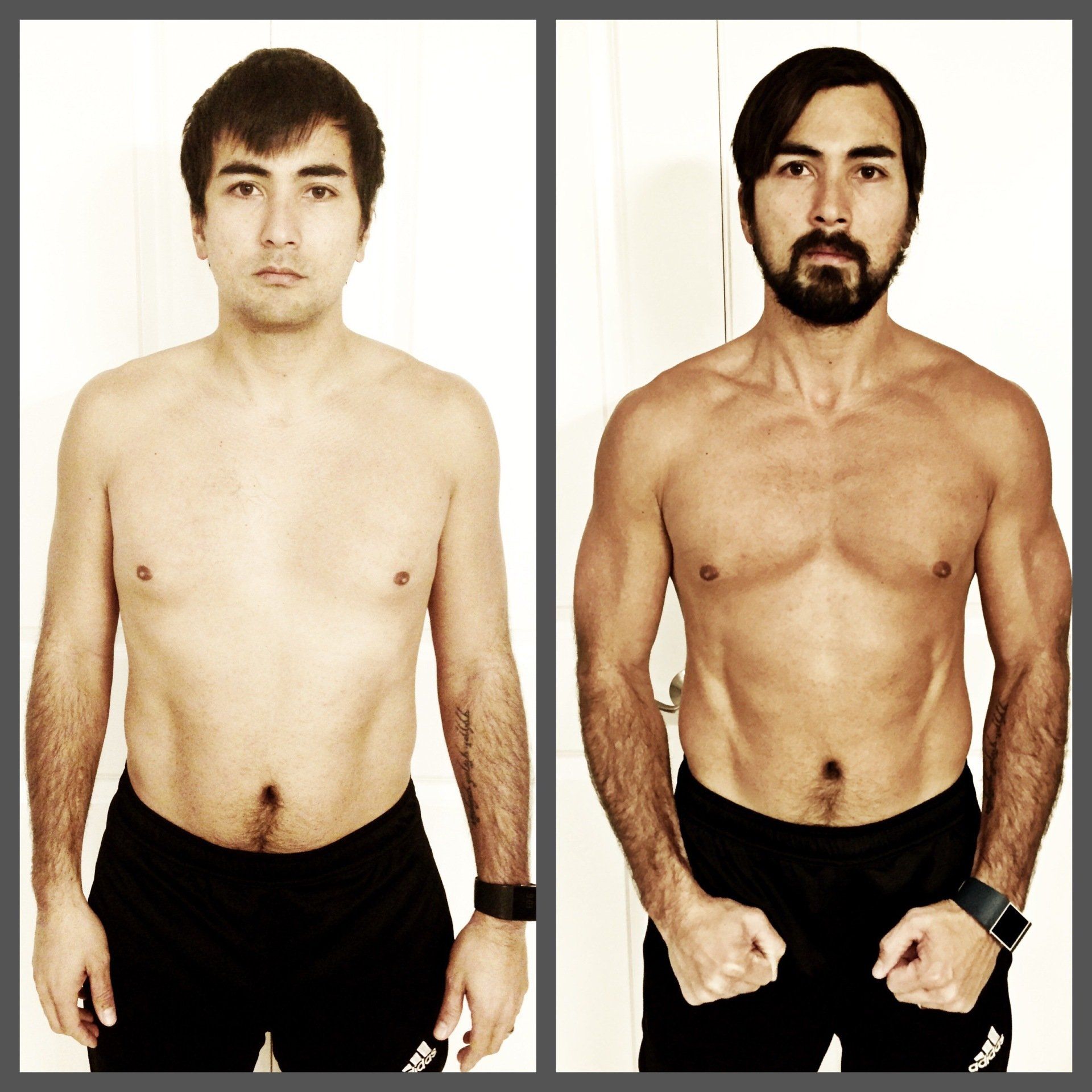Before and after transformation photos of a man. He appears leaner and more muscular with a beard in the after photo.
