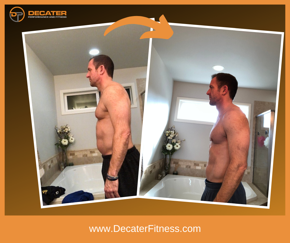Before/after weight loss photos of a man in a bathroom. Left: with belly. Right: slimmer.