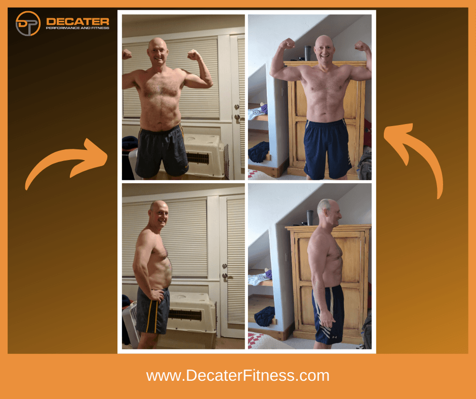 Before and after fitness photos of a man flexing, indoors. Weight loss is visible.