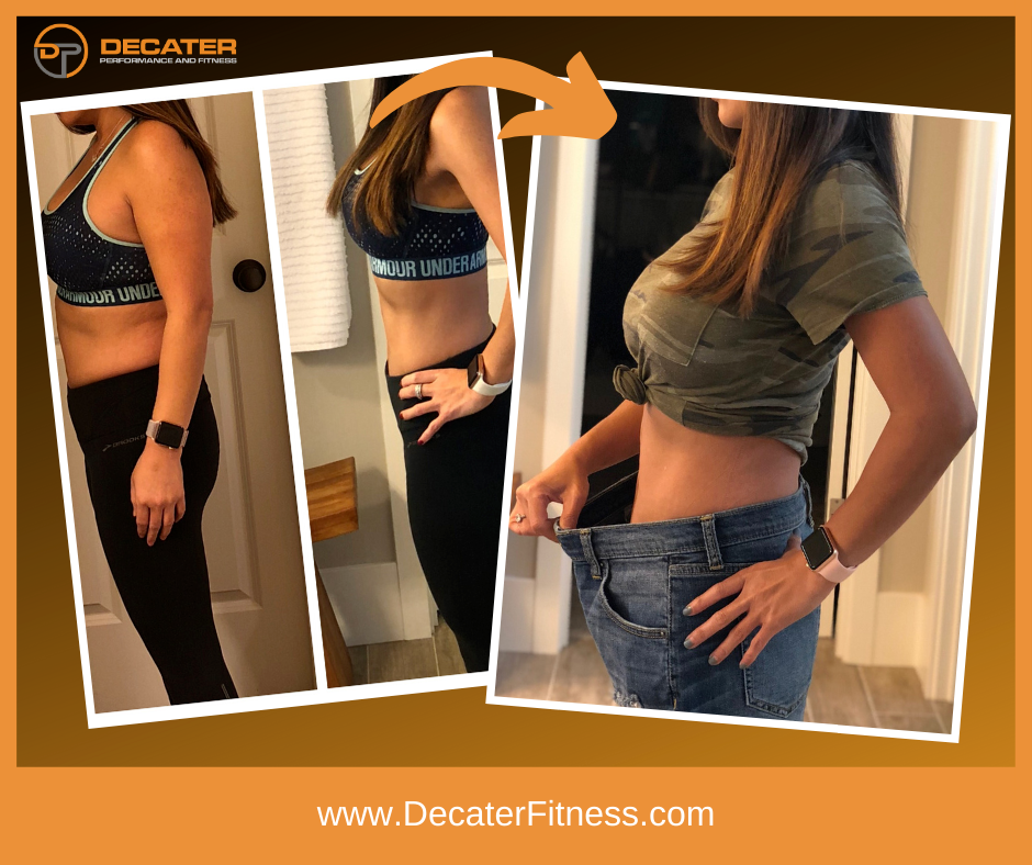 Weight loss transformation: Woman in three photos shows a before, a slimmer mid, and after in jeans that are too big.