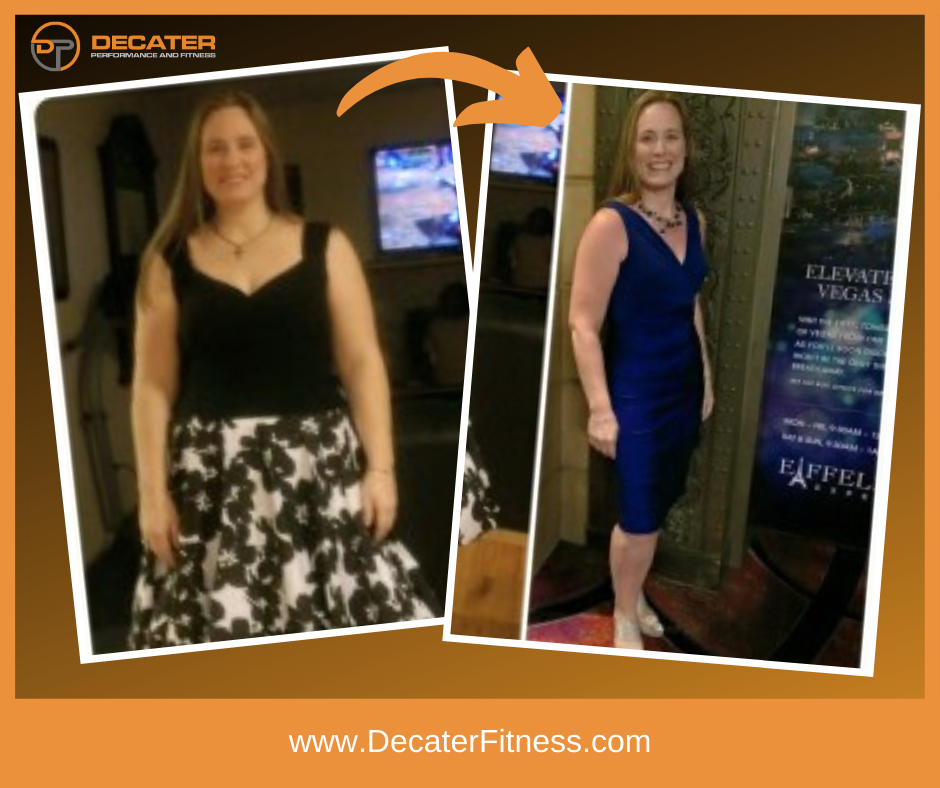 Weight loss before-and-after: woman in black & white dress, then blue dress; arrow indicates progress.