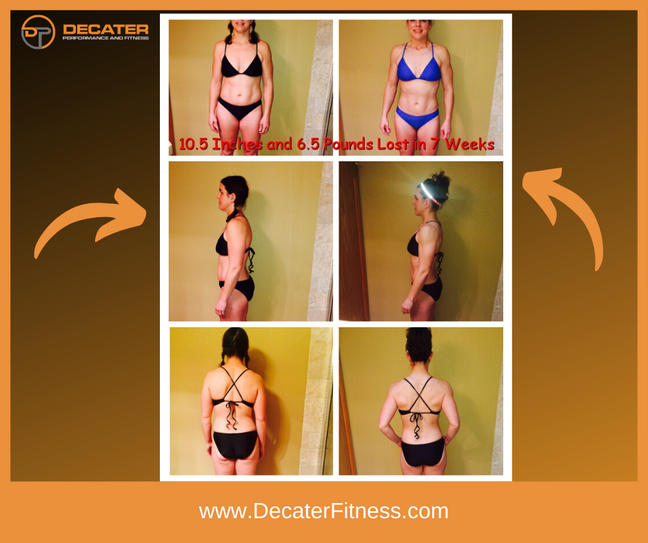Before and after weight loss photos. Woman in swimsuit. Tan background.