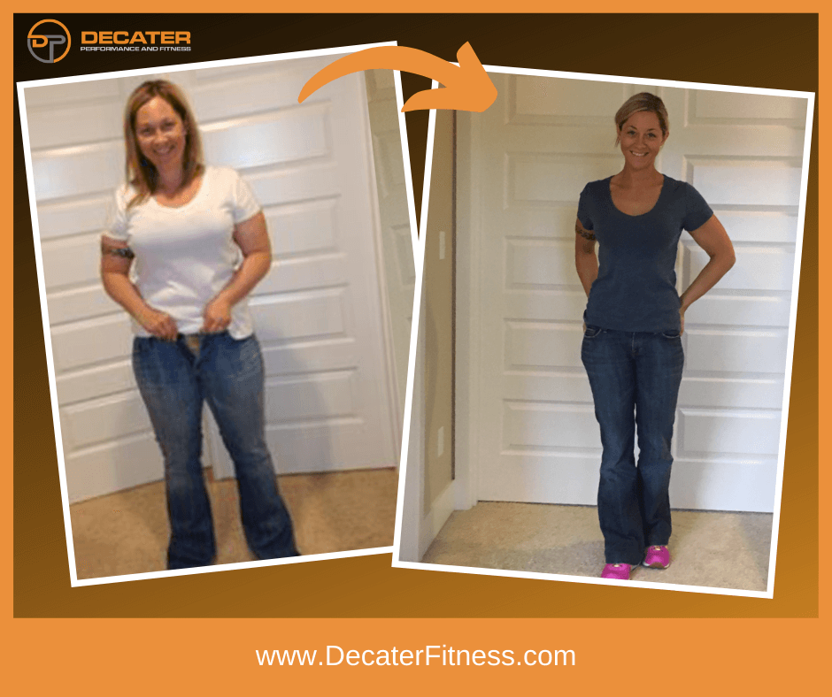 Weight loss transformation: Woman in jeans and t-shirt before/after. Orange gradient background, white doors.