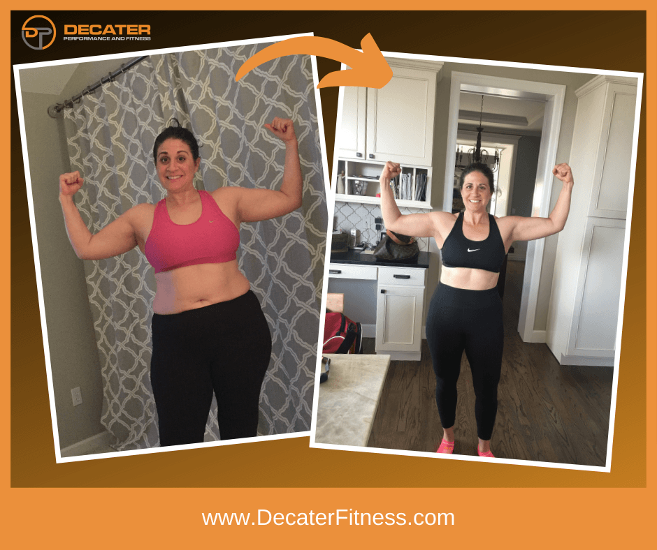 Before and after photos of a woman flexing in fitness attire. Left: pink sports bra, black pants.