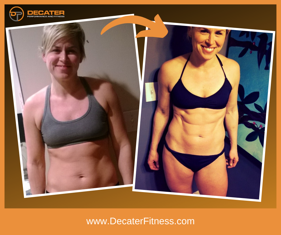 Weight loss transformation; woman in athletic wear. Before photo shows a woman, then after photo of a toned woman.