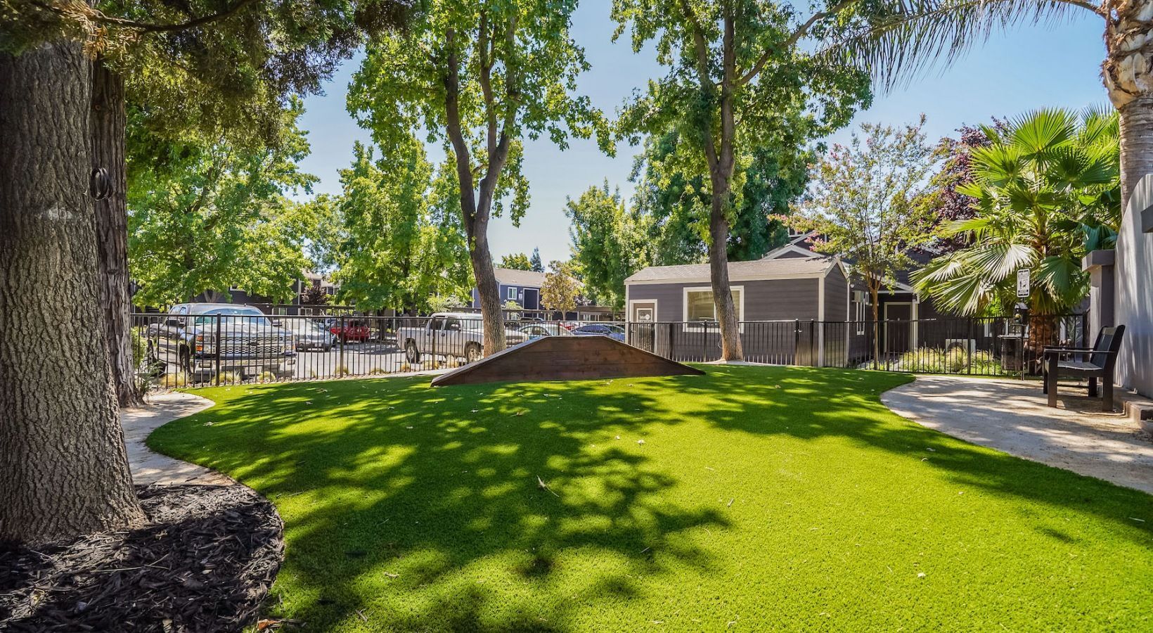 Green lawn with trees, fence, and building. A dog park or outdoor area.