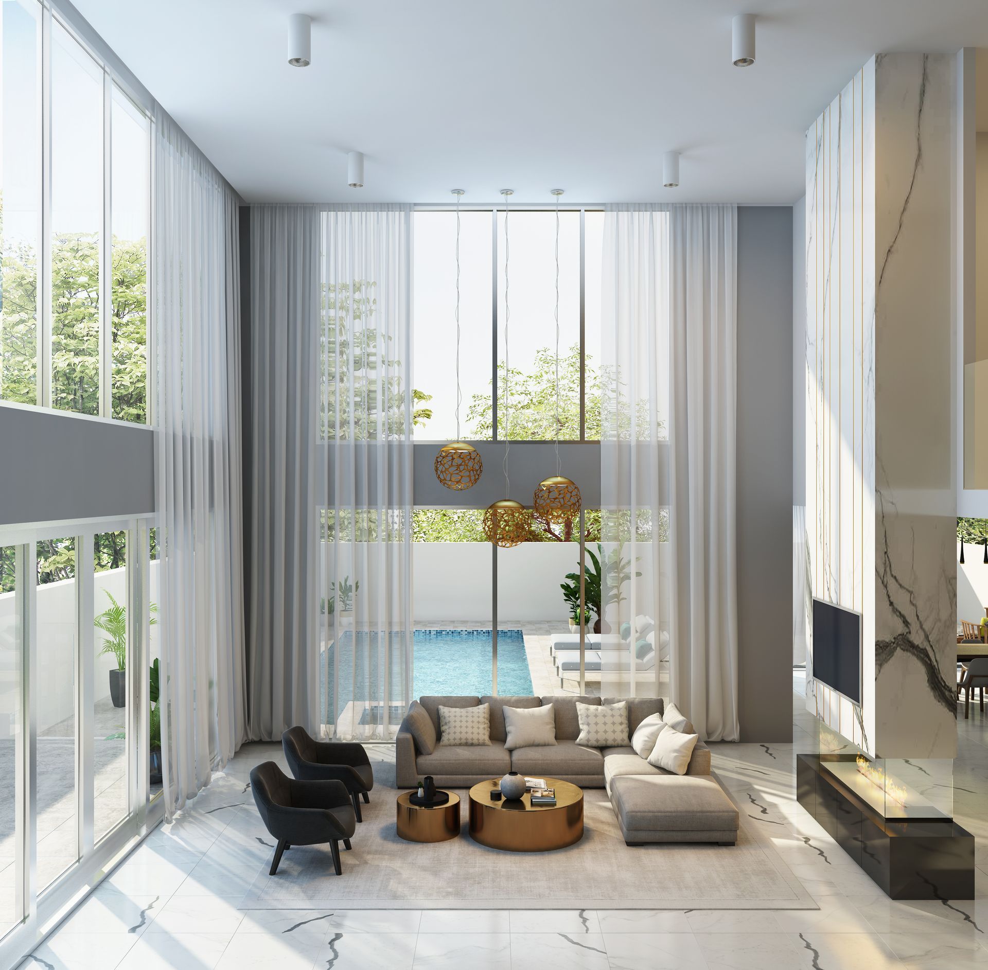 Living Room With Brown and White Curtains — Instyle Curtains & Blinds in Bungalow, QLD