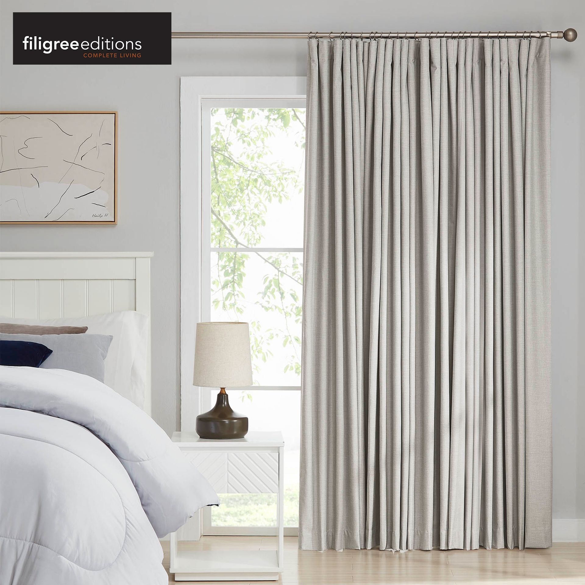 Bedroom With a White Bed, Curtains, Window, and a Lamp on a Bedside Table — Instyle Curtains & Blinds in Bungalow, QLD