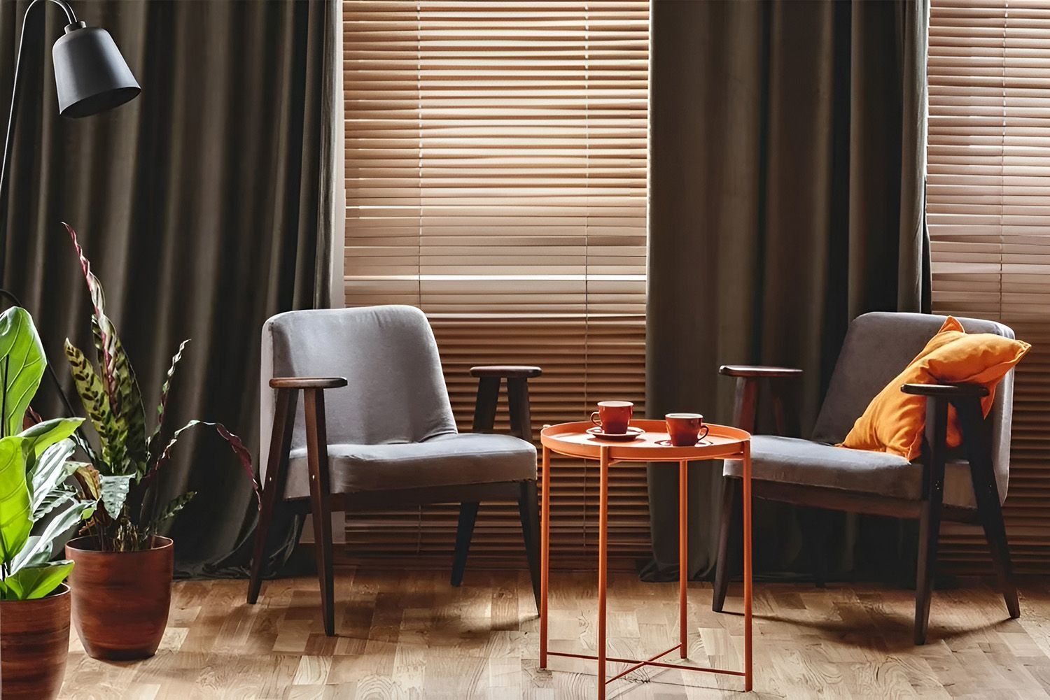 Two Gray Armchairs With Orange Accents — Instyle Curtains & Blinds in Bungalow, QLD