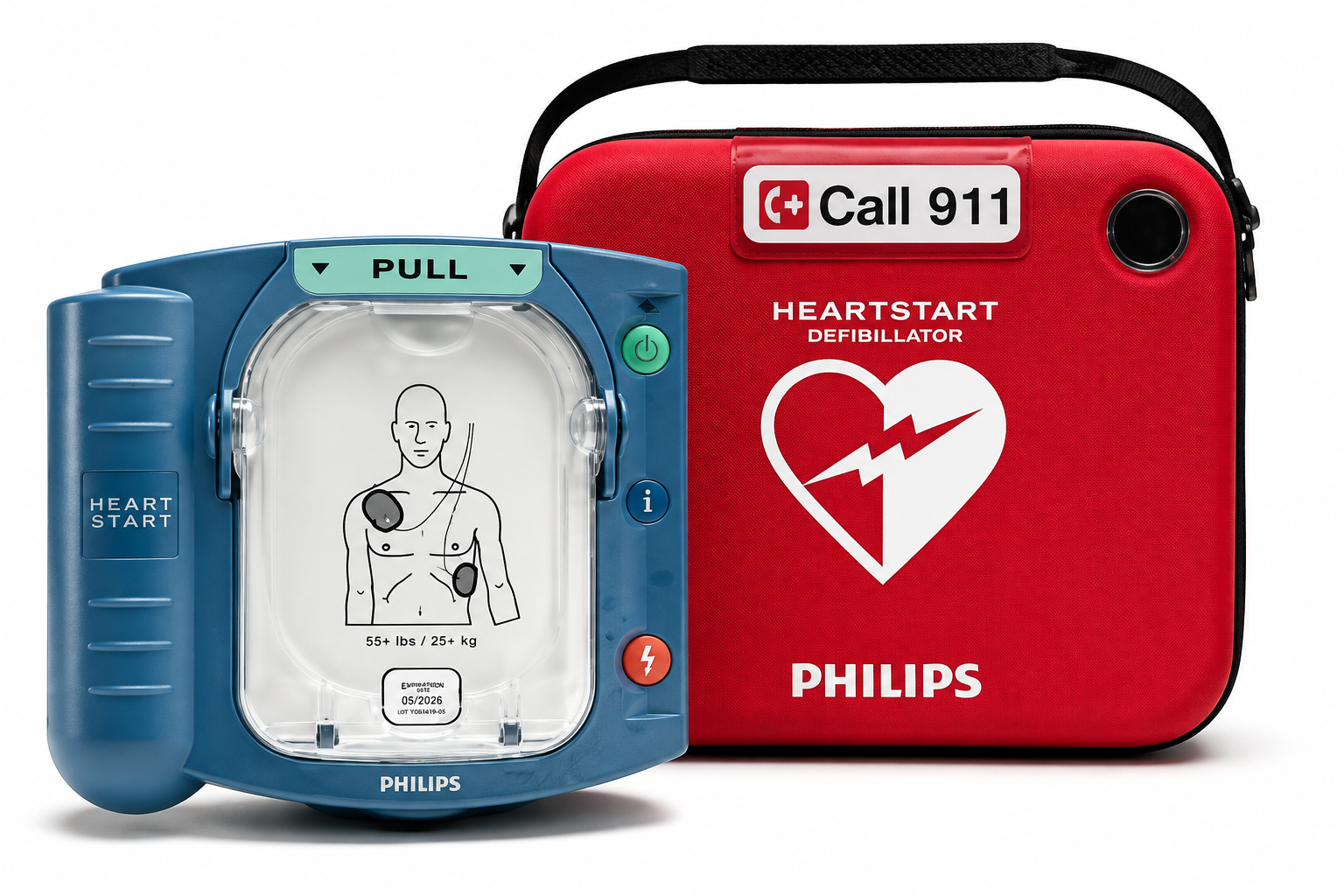 Philips HeartStart AED in blue and red carrying cases, with “Call 911” and heart symbol.