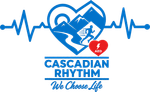 Cascadian Rhythm logo with blue heartbeat line, mountains, runner, heart AED icon, and “We Choose Life” text