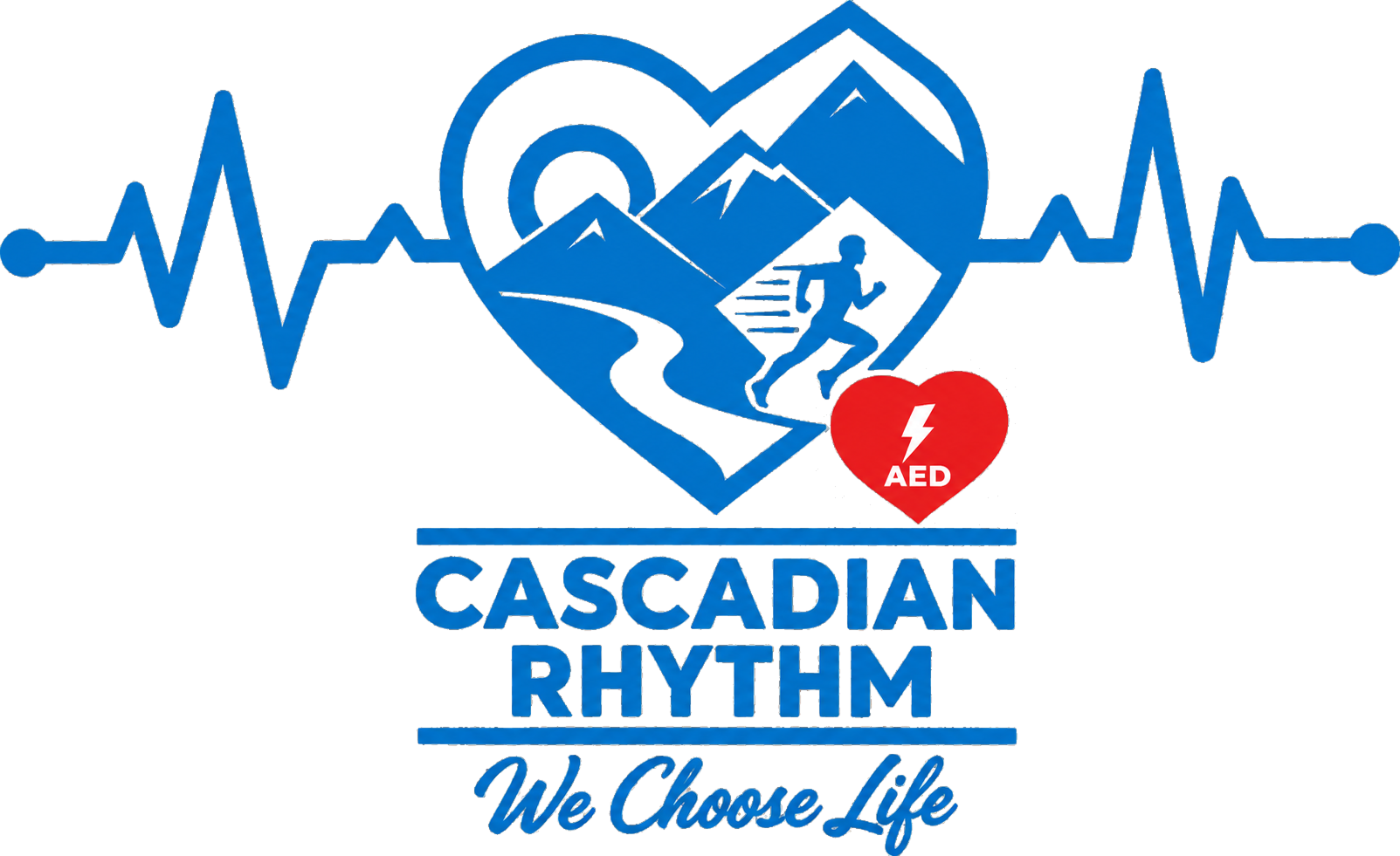 Cascadian Rhythm logo with blue heart, mountain, runner, and red AED heart above “We Choose Life” text
