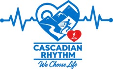 Cascadian Rhythm logo with blue heart, mountain, runner, and red AED heart above “We Choose Life” text