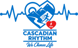 Cascadian Rhythm logo with blue heart, mountains, heartbeat line, runner, and red AED icon over “We Choose Life”