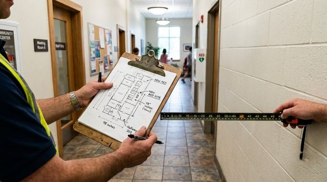 Two people measure a hallway wall with a tape measure and clipboard.