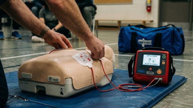 Person using a defibrillator training unit on a CPR manikin in a gym