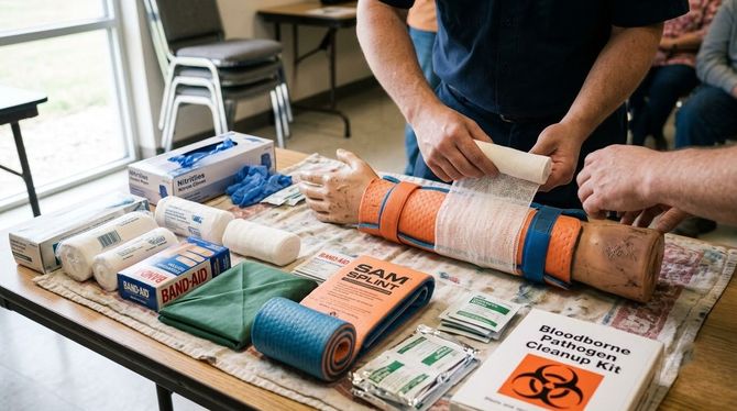 People folding and packing assorted items on a table with an orange biohazard label