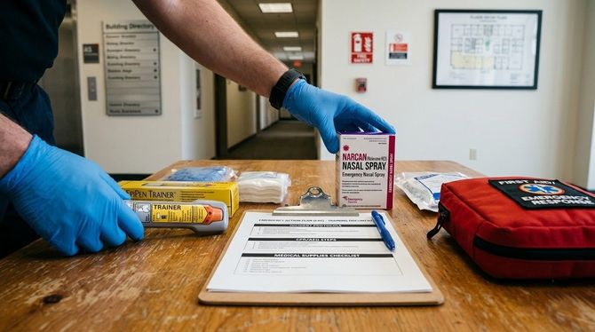 Gloved hands arranging evidence items on a table beside a clipboard and red evidence bag