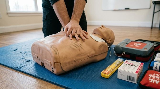 Person performing CPR on a mannequin beside an AED and first aid supplies on the floor
