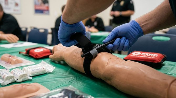 Gloved responders applying a tourniquet to an arm beside first-aid supplies on a green table