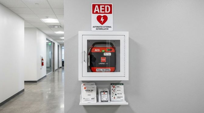 Wall-mounted AED cabinet in a bright hallway with a red heart defibrillator sign above it.