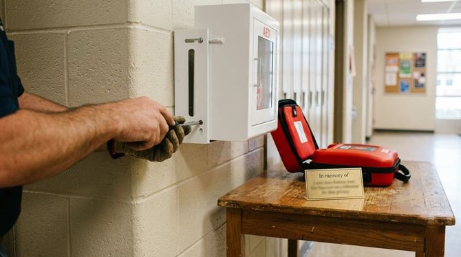 Hand plugging a cable into a wall-mounted box beside a red device on a table in a hallway