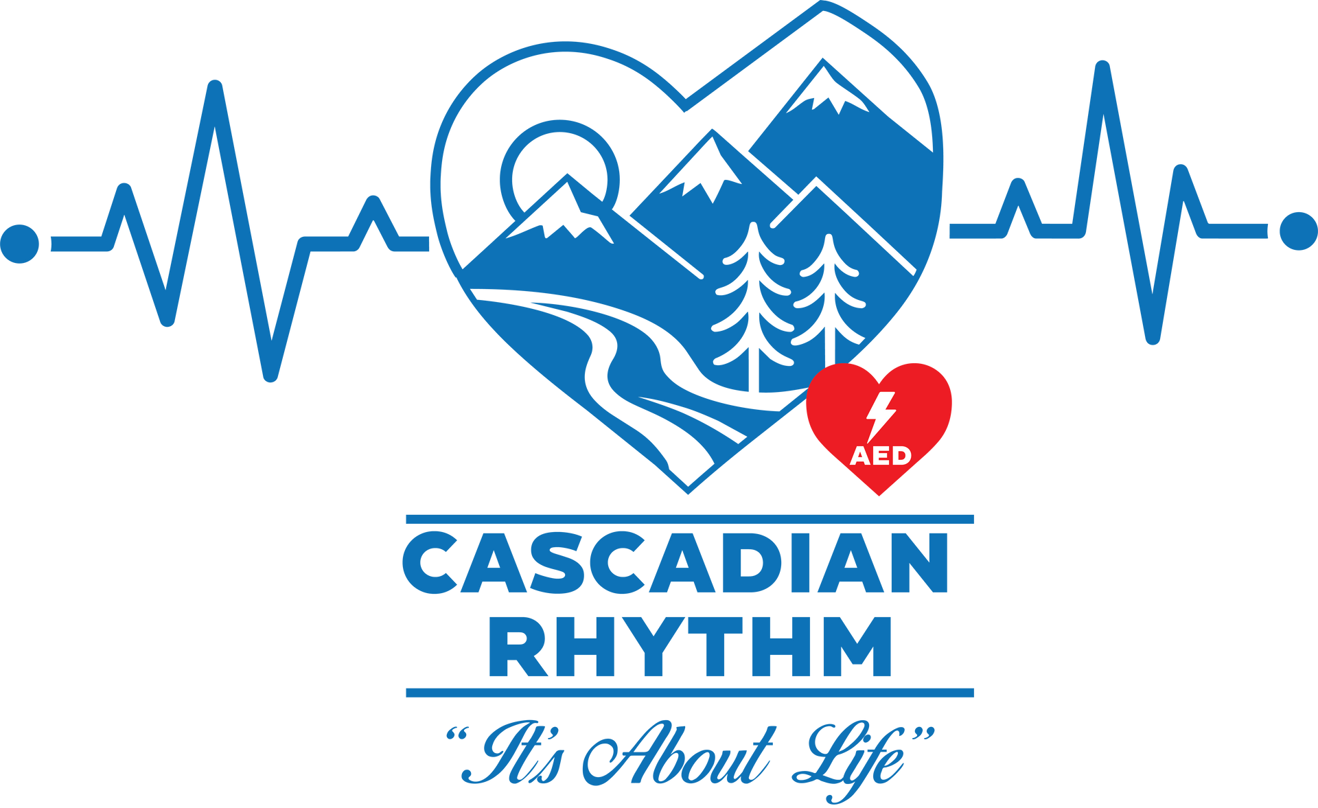 Cascadian Rhythm logo with blue heart, mountain, runner, and red AED heart above “We Choose Life” text