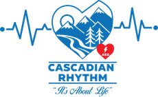Cascadian Rhythm logo with blue heart, mountain, runner, and red AED heart above “We Choose Life” text