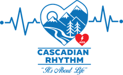 Cascadian Rhythm logo with blue heart, mountains, heartbeat line, runner, and red AED icon over “We Choose Life”