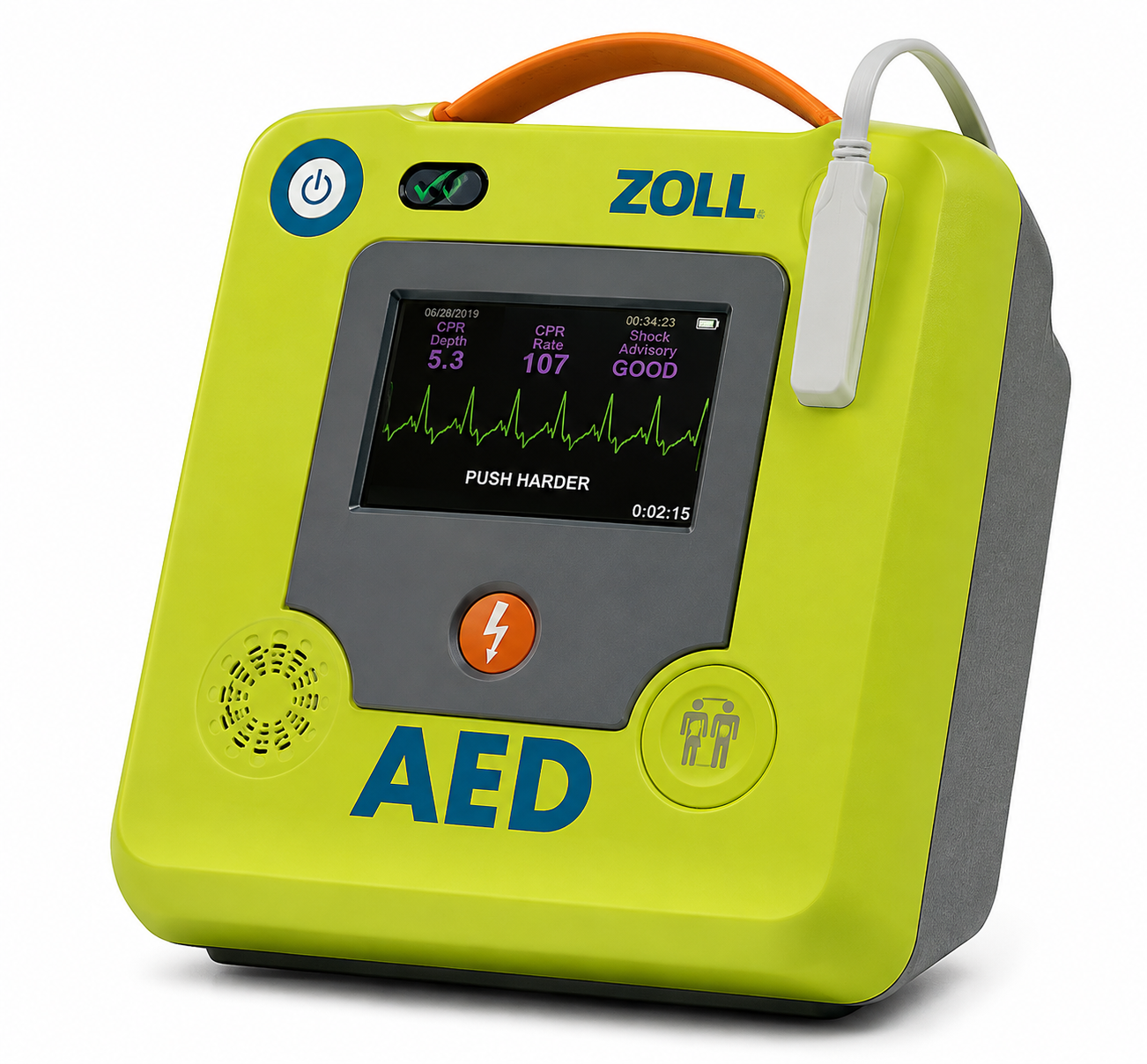 Yellow ZOLL AED defibrillator with screen, handle, and white electrodes on top.