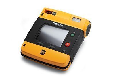 Yellow and black portable device with screen and buttons, angled on a white background