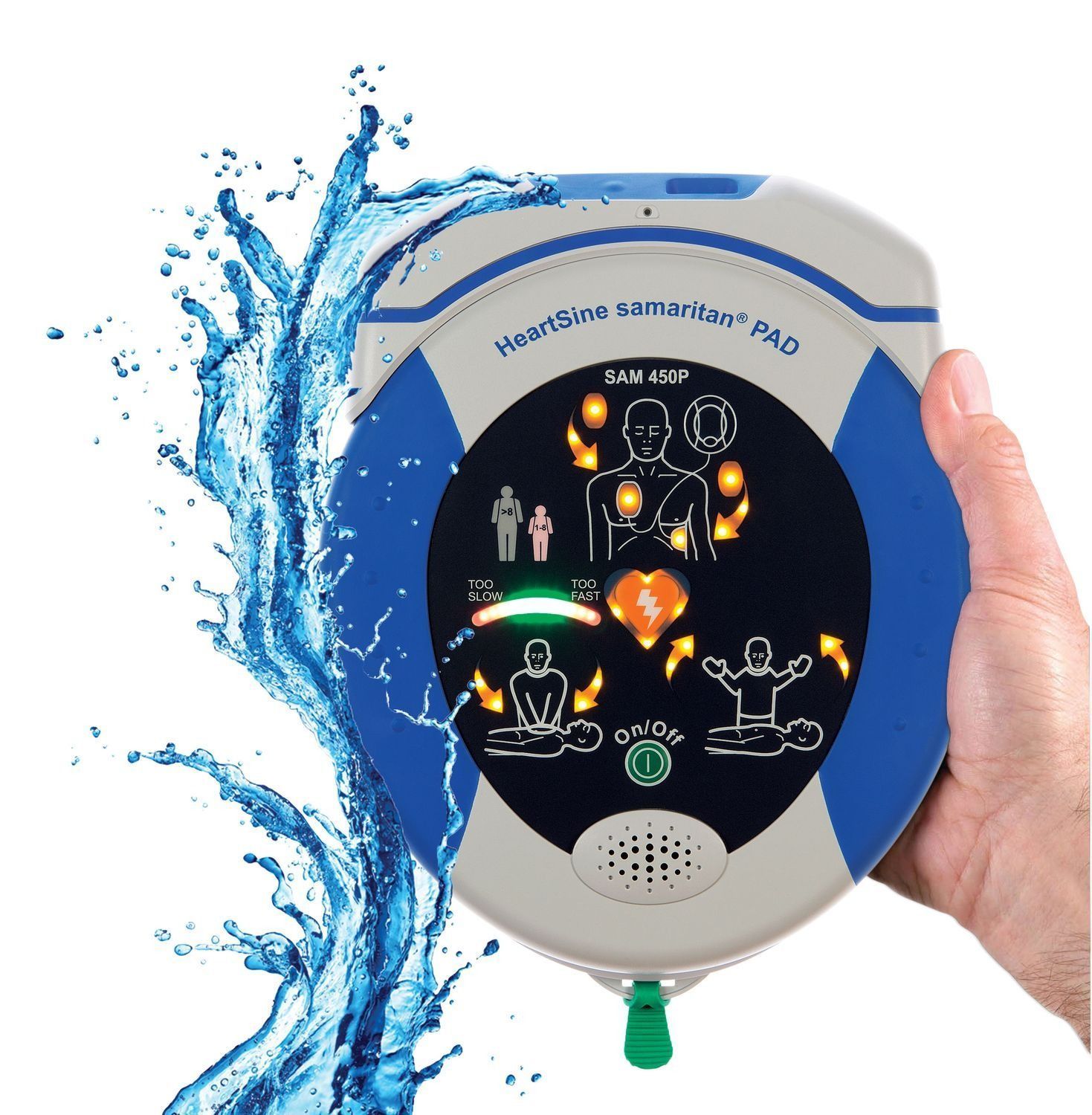 Handheld gray humidifying sanitation pad with glowing icons and blue water splash effect