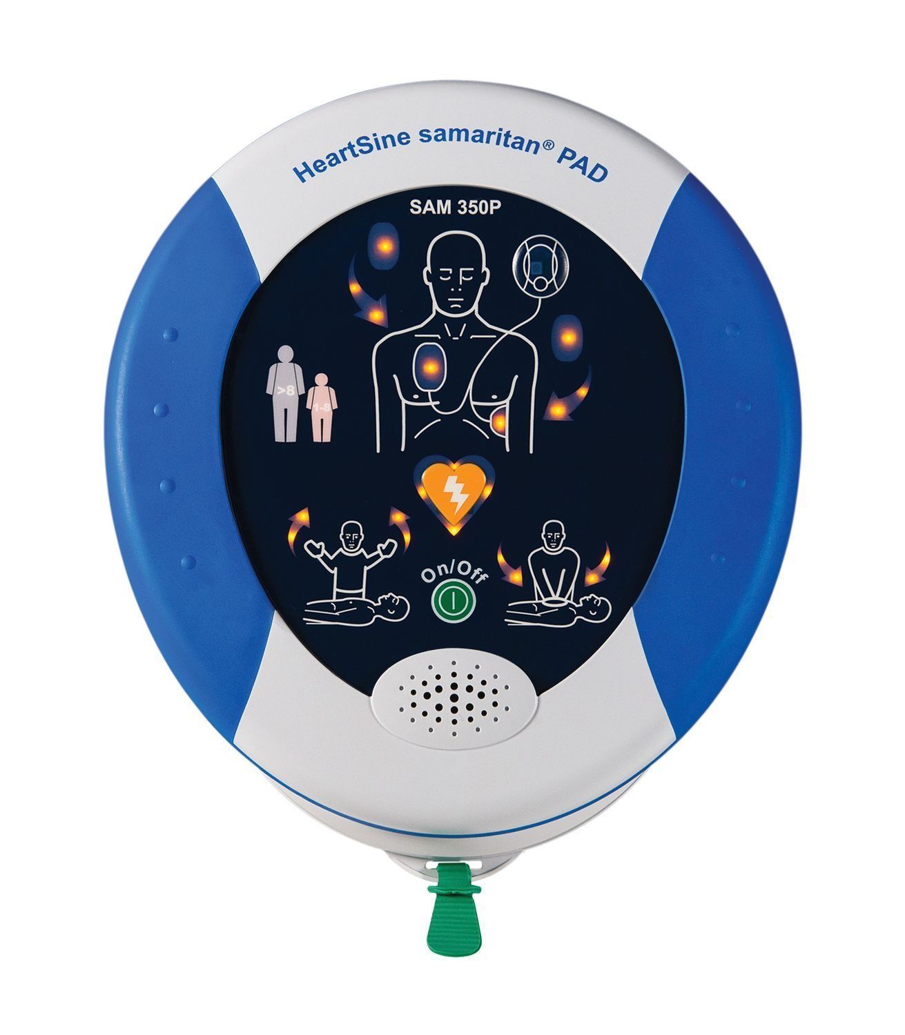 Blue and white HeartSine samaritan PAD AED with icons and green pull tab