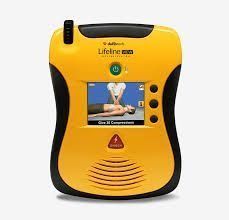 Yellow Lifeline AED device with screen and black accents