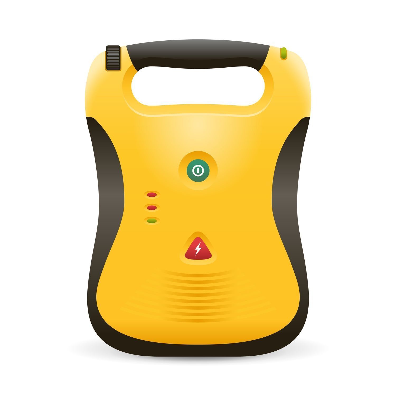 Yellow portable emergency radio with black handle and buttons on a white background