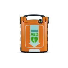 Orange AED defibrillator with green heart icon and black handle.
