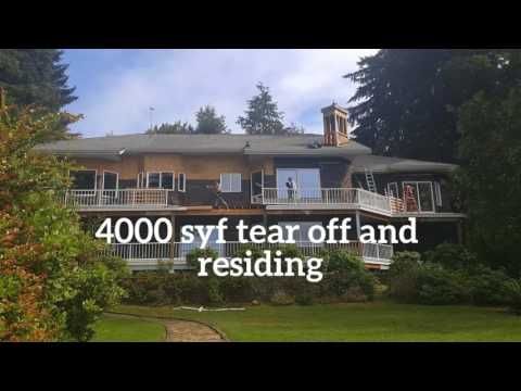 House with large deck and forested yard; overlaid text reads “4000 syf tear off and residing.”