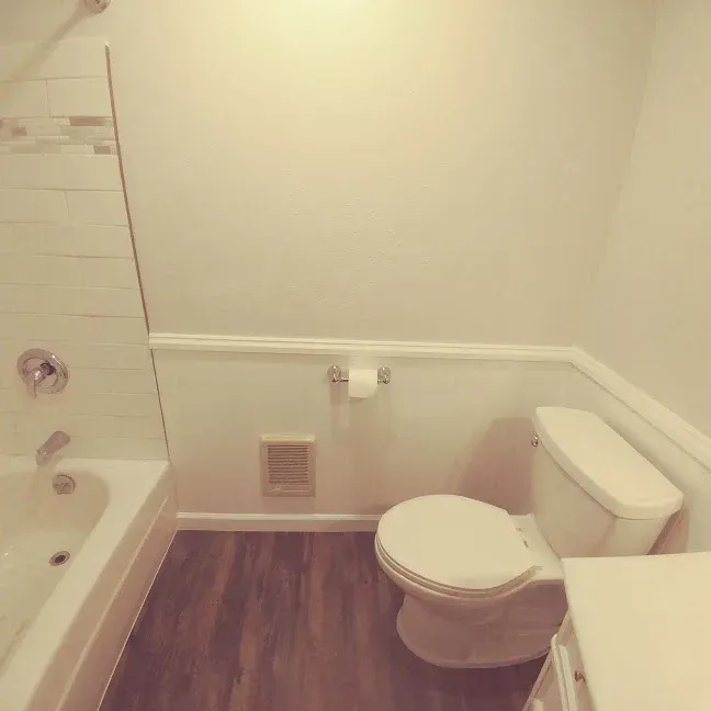 Small bathroom with a toilet, bathtub, and dark wood floor, viewed from the doorway.