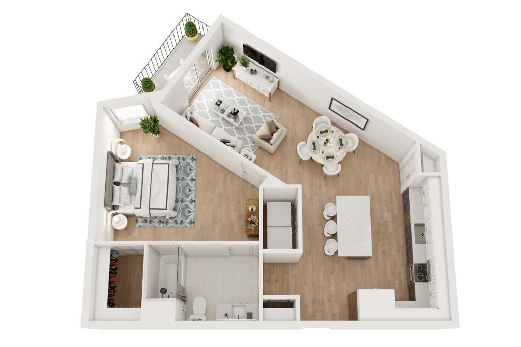 Floor plan of a modern apartment with living, dining, kitchen, bedroom, and balcony.