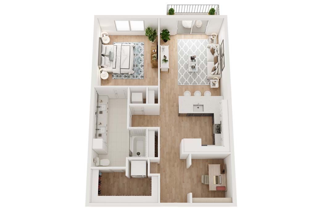 Floor plan of an apartment with a bedroom, living room, kitchen, bathroom, and small balcony.