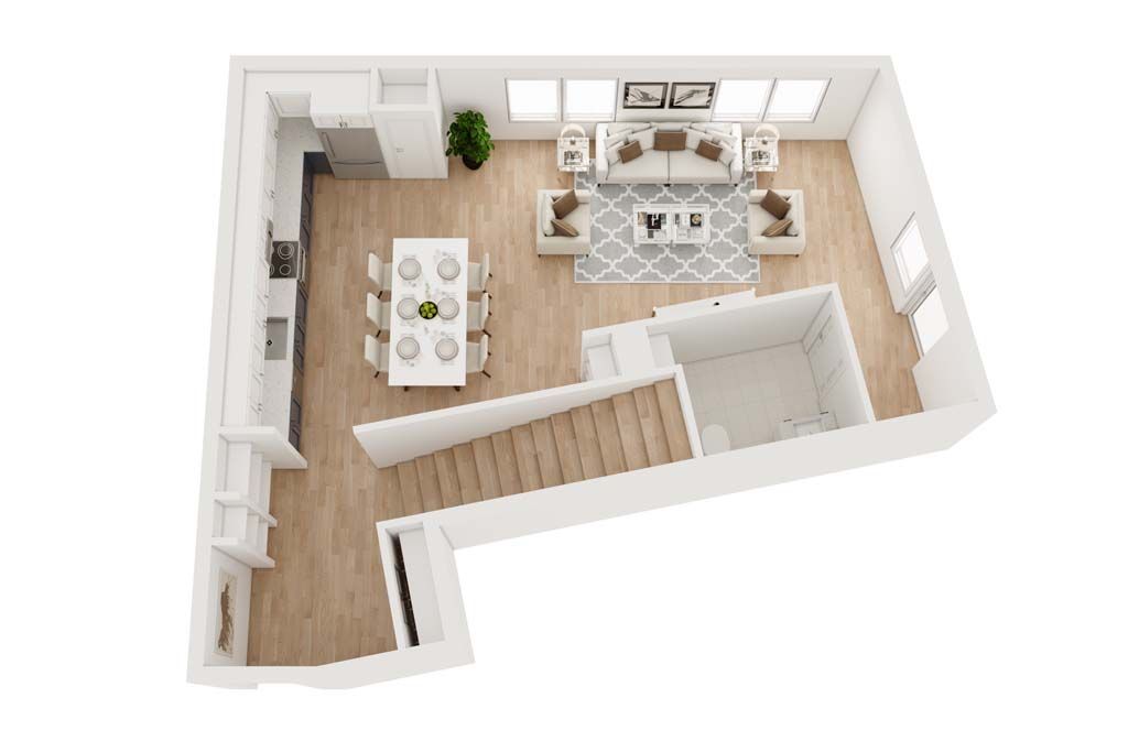 Overhead view of a modern home interior with a kitchen, dining area, and living room, light wood floors.