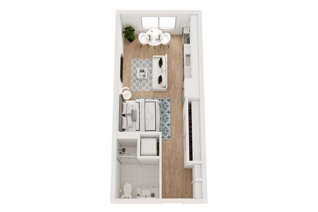 Top-down view of a small studio apartment, with living, dining, kitchen, and bathroom areas.