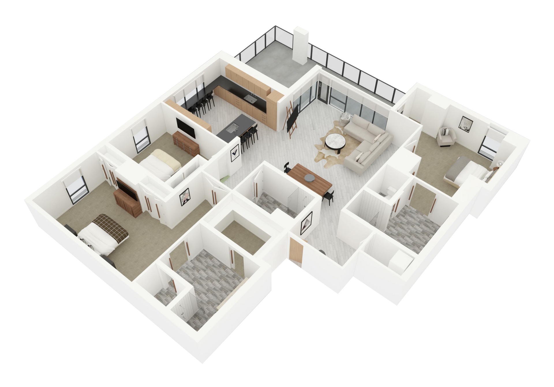 3D floor plan of a modern apartment with several rooms and large windows