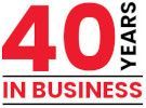 40 years in business logo in red and black text