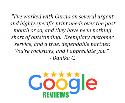 Google Reviews graphic with a five-star review praising Curcio’s over the past month.