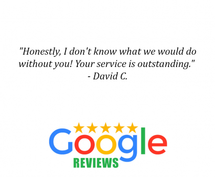 Google reviews graphic with five stars and quote praising outstanding service by David C.
