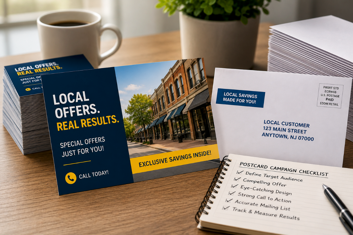 Tabletop of real estate brochures and business cards beside a coffee cup and plant