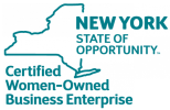 New York State of Opportunity Certified Women-Owned Business Enterprise logo in teal and black